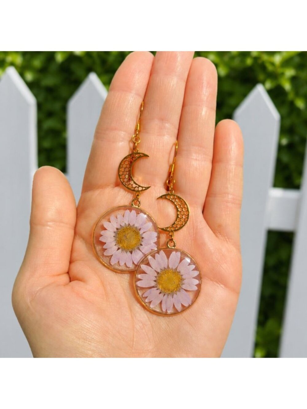 Pressed Daisy Moon Earrings Real Flower Resin Earrings Botanical Earrings
